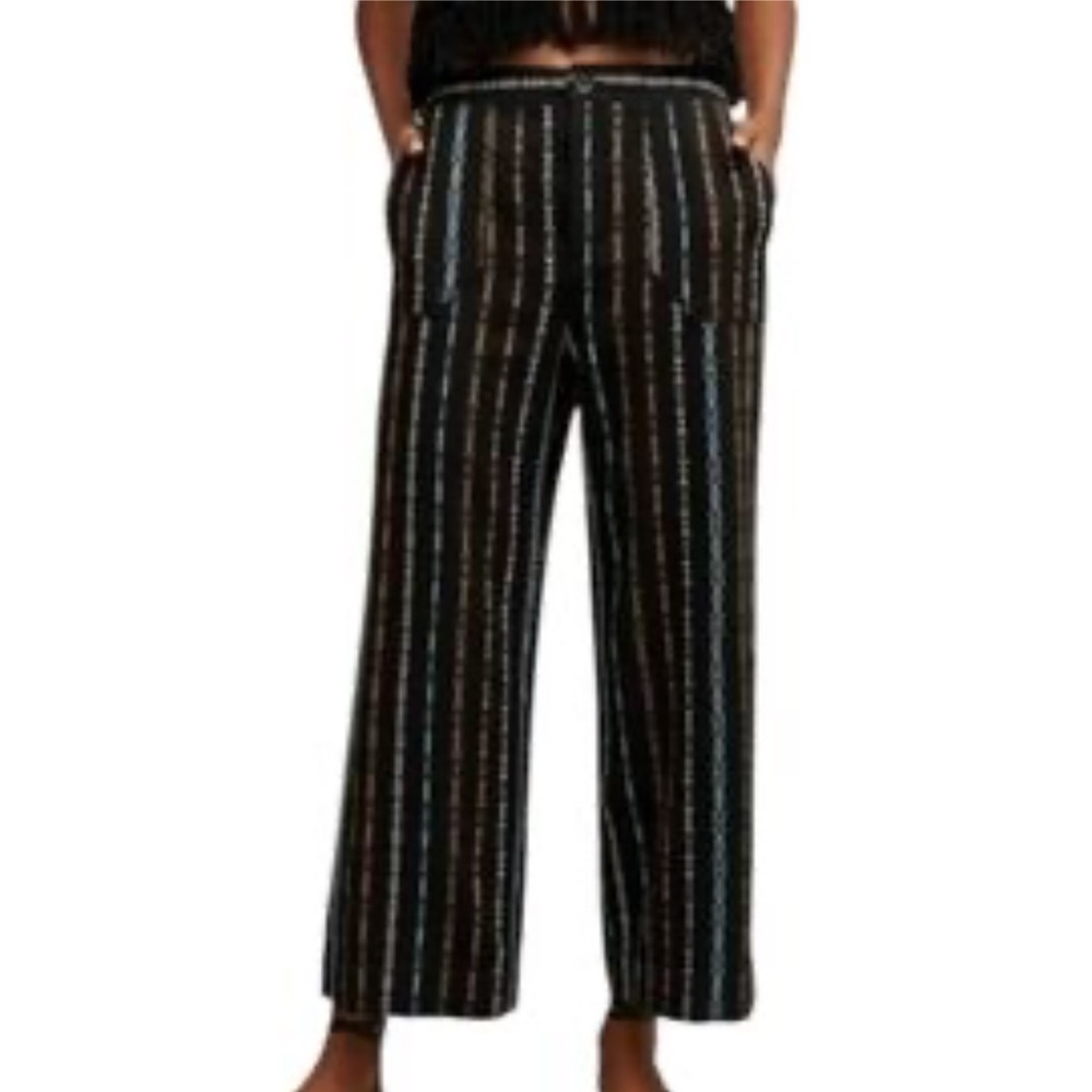 Anthropologie boho black multicolored linen blend striped wide leg trouser pants